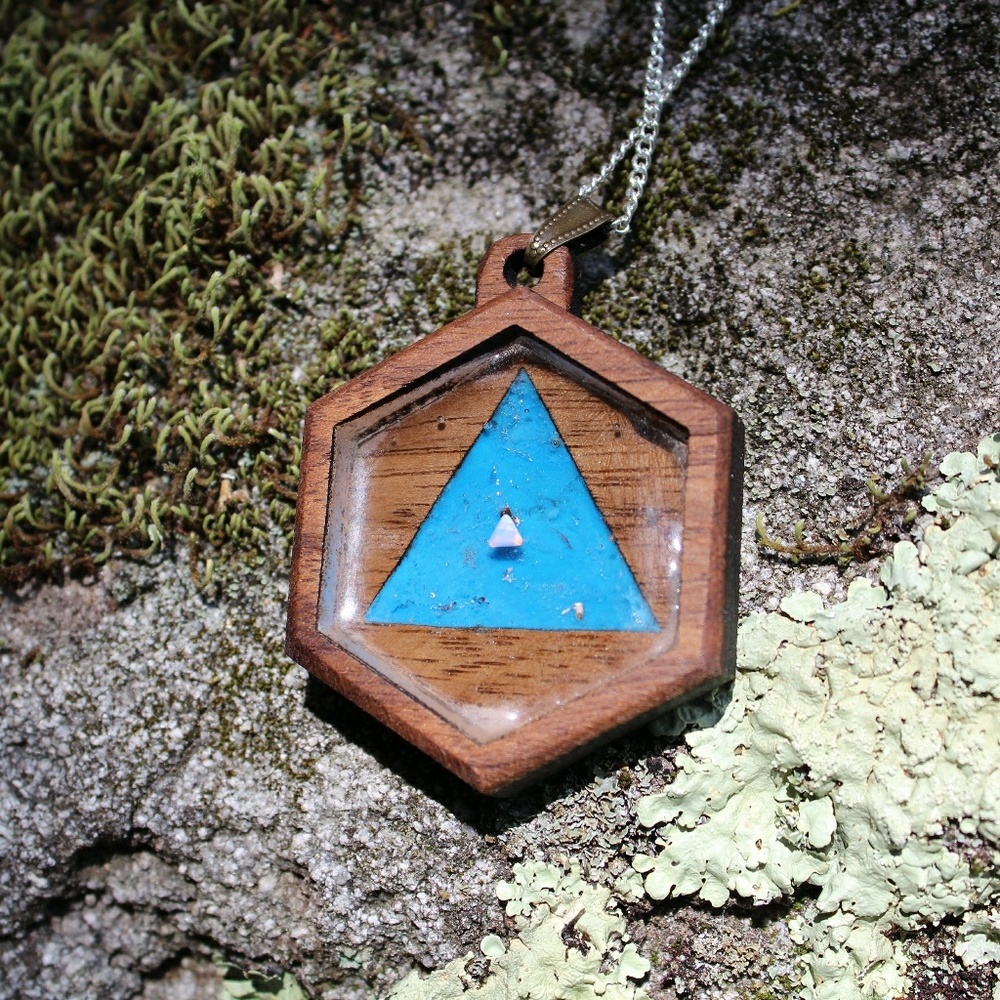Handmade Geometric Wood Pendant with Floating Opal